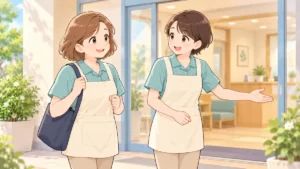 40代・50代の新人介護職員が同僚に迎えられるイラスト