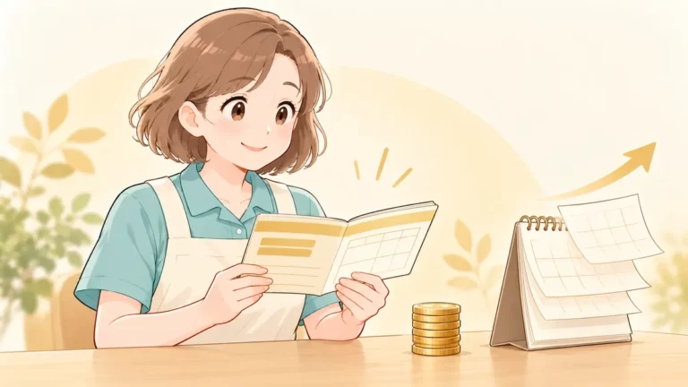 通帳と積み上げた硬貨で退職金を表す介護職員のイラスト