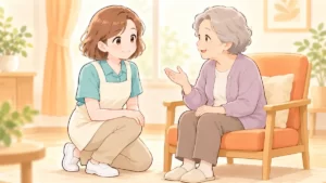 利用者の目線に合わせてしゃがみ話を聞く介護職員のイラスト