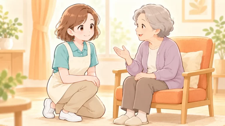 利用者の目線に合わせてしゃがみ話を聞く介護職員のイラスト
