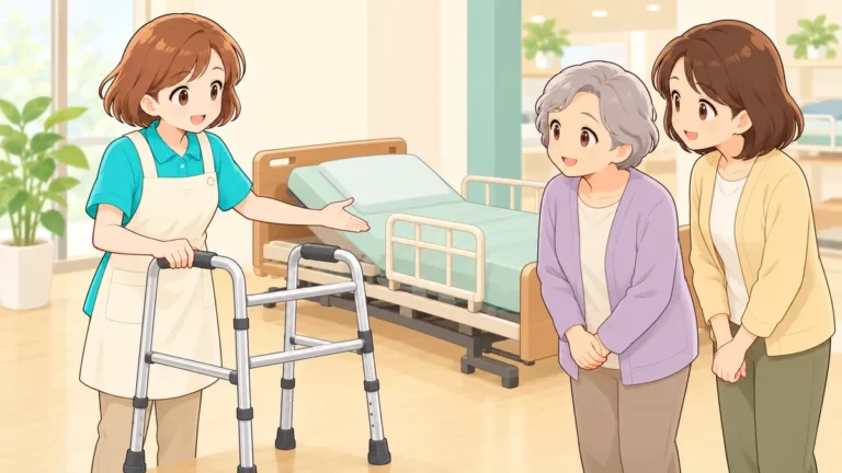 歩行器と介護ベッドを利用者と家族に説明する福祉用具専門相談員のイラスト