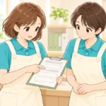 勤務交代時に申し送りをする2人の介護職員のイラスト