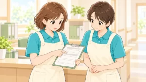 勤務交代時に申し送りをする2人の介護職員のイラスト