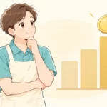 給料を表すグラフと硬貨を見る男性介護士のイラスト