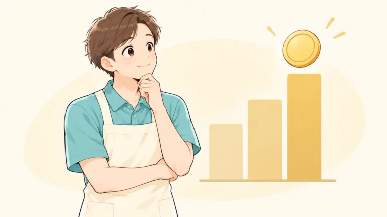 給料を表すグラフと硬貨を見る男性介護士のイラスト